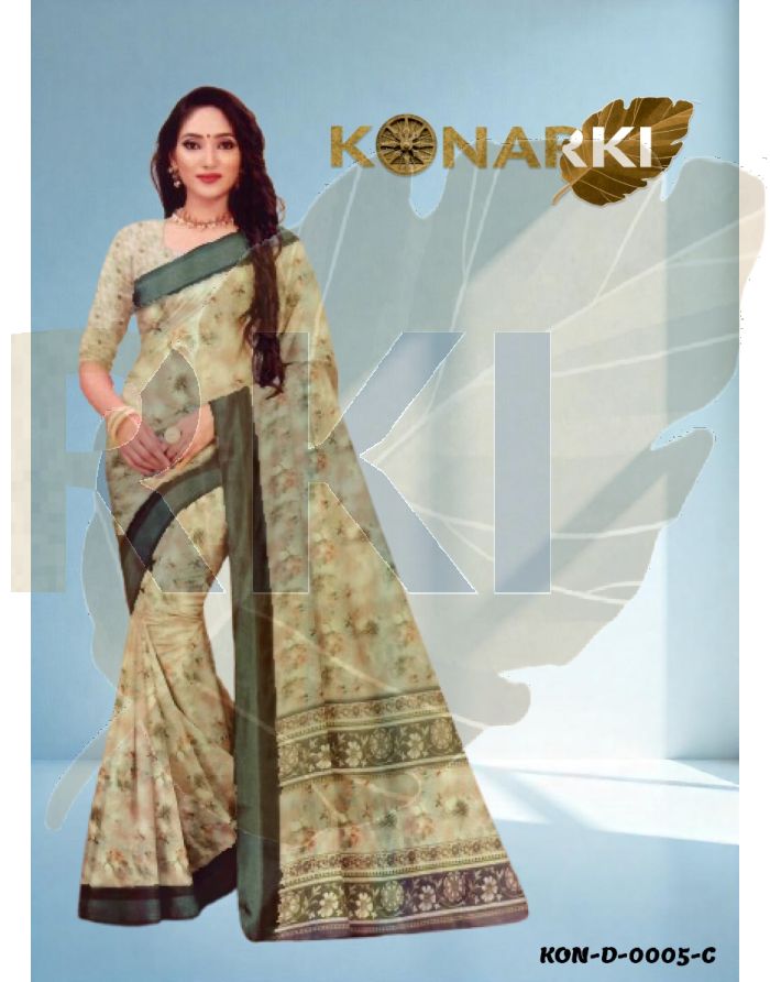 Vritika Green Floral Elegance Wetless Digital Saree with Unstitched Blouse