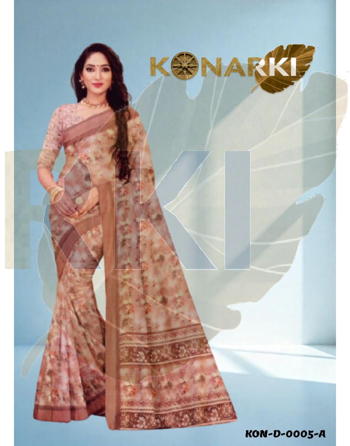 Vritika Rosy Brown Floral Elegance Wetless Digital Saree with Unstitched Blouse