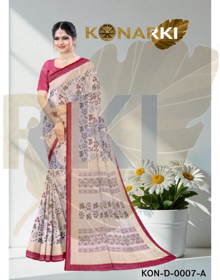 Tvesa Raspberry Brass Foil Saree with Elegant Floral Patterns and Unstitched Blouse