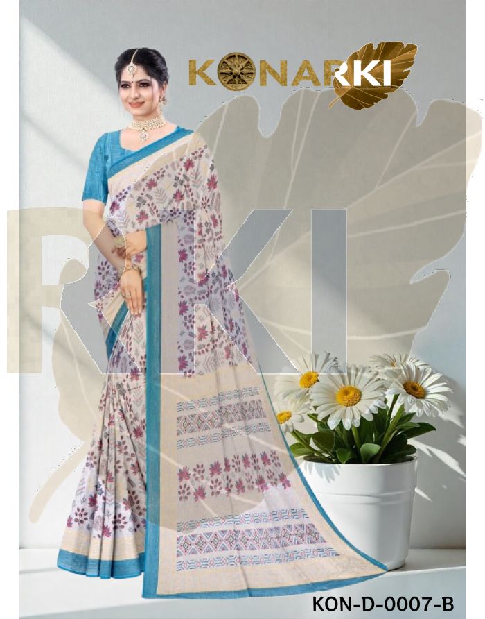 Tvesa Iris Blue Brass Foil Saree with Elegant Floral Patterns and Unstitched Blouse