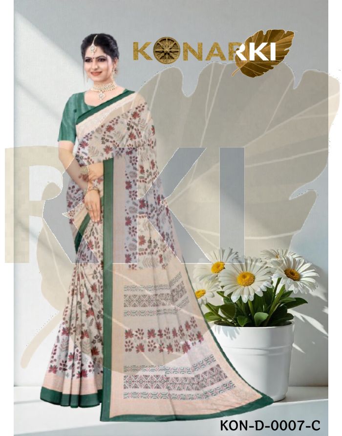 Tvesa Green Brass Foil Saree with Elegant Floral Patterns and Unstitched Blouse