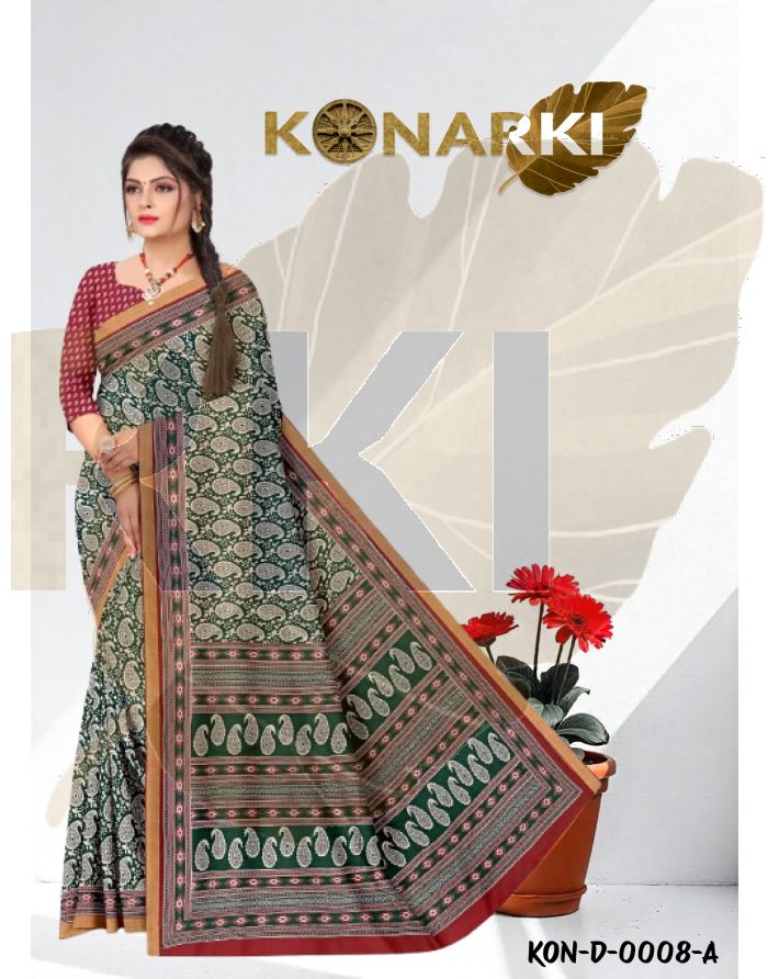 Inaya Green Paisley Cotton Saree with Traditional Charm and Unstitched Blouse