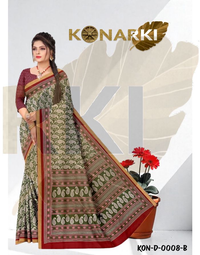 Inaya Olive Green Paisley Cotton Saree with Traditional Charm and Unstitched Blouse