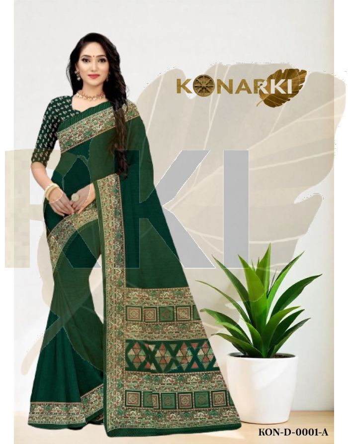 Aarohi Multi Colour Traditional Printed Moss Saree with Elegant Border and Unstitched Blouse