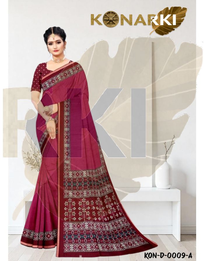 Anvika Raspberry Elegance Cotton Saree with Intricate Borders and Unstitched Blouse